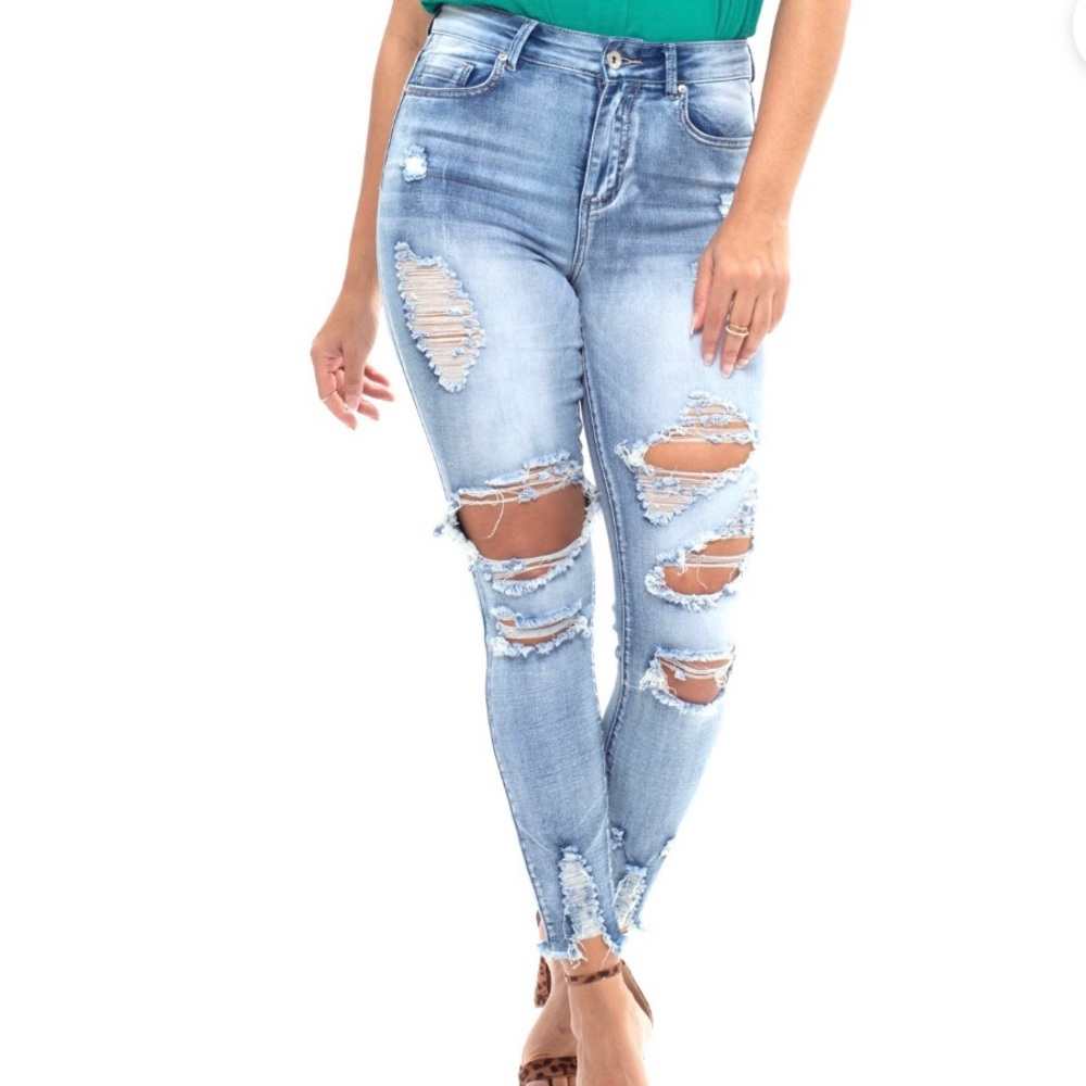 Elite high rise destroyed bleach wash ankle jeans